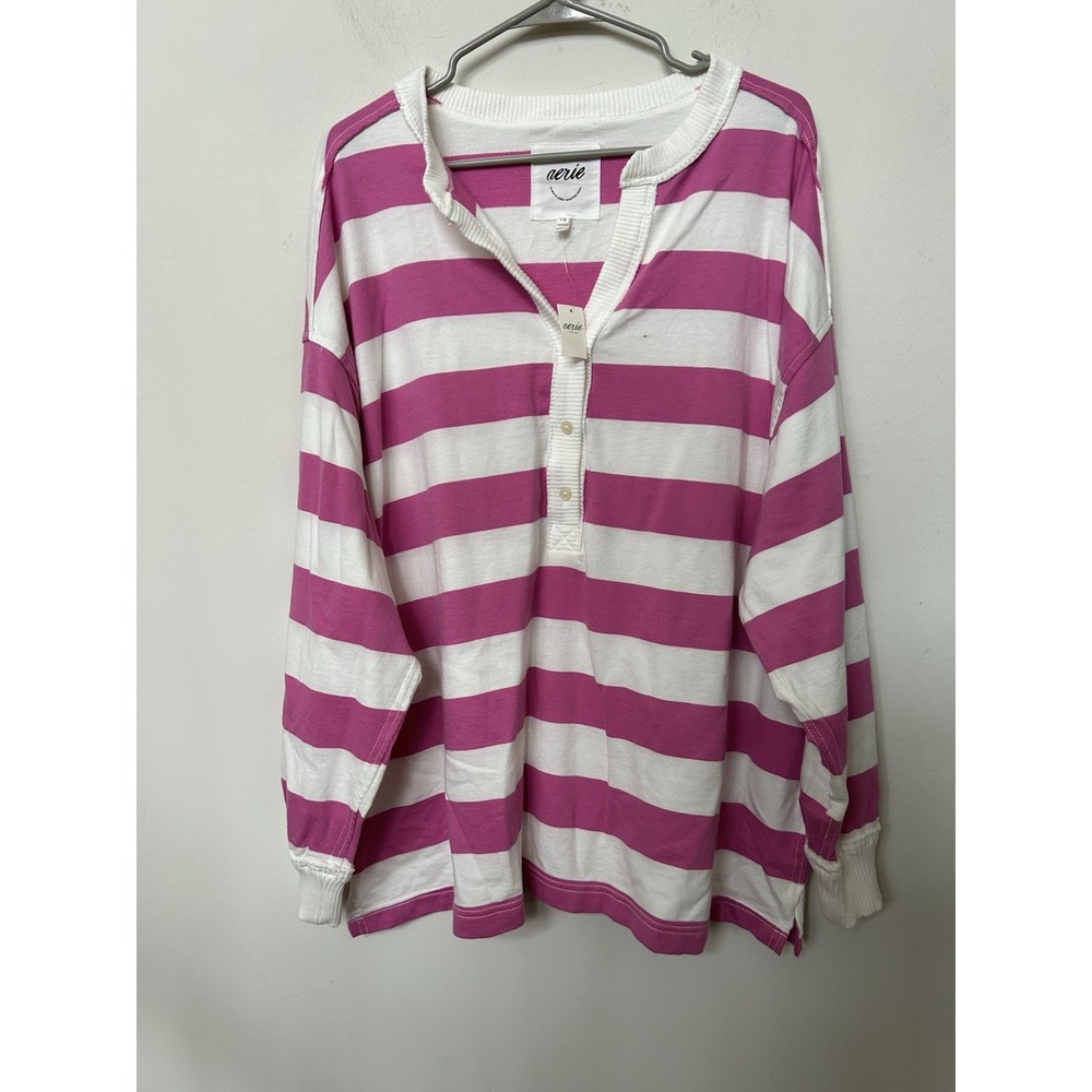 NWT Aerie Poolside Terry Henley L Pink White Striped Oversized Beach Coquette - Picture 3 of 6